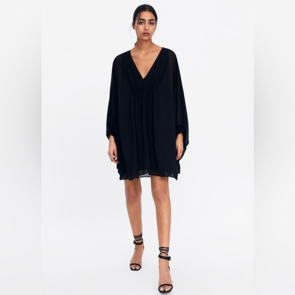 Zara Black Chiffon Mini Dress Small Long Sleeve Tunic Flowy Evening Goth Glam